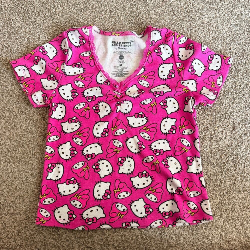 Hello Kitty My Melody Sanrio Shirt Pink Y2K Style Lace V Neck SZ Medium Juniors